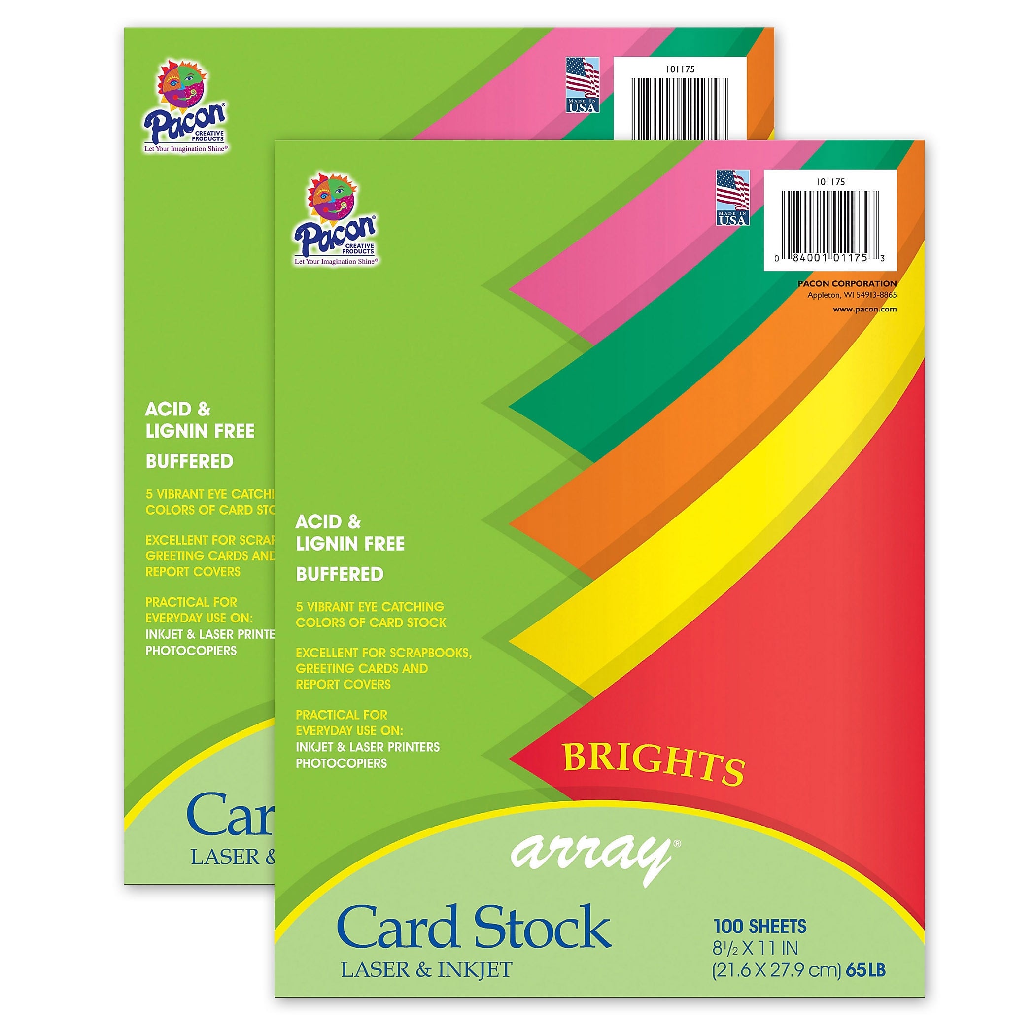 Pacon Bright Card Stock, 5 Assorted Colors, 8-1/2" x 11", 100 Sheets Per Pack, 2 Packs (PAC101175-2)