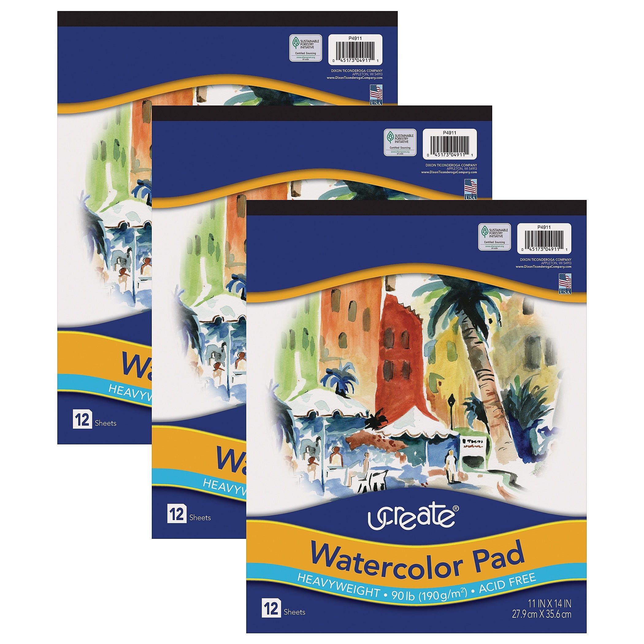 uCreate Watercolor Pad 14" x 11" Mixed Media Sketch Pad, 12 Sheets/Pad, 3 Pads/Bundle (PAC4911-3)