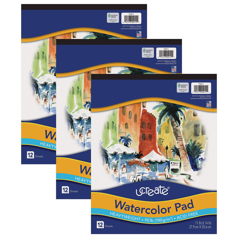 uCreate Watercolor Pad 14" x 11" Mixed Media Sketch Pad, 12 Sheets/Pad, 3 Pads/Bundle (PAC4911-3)