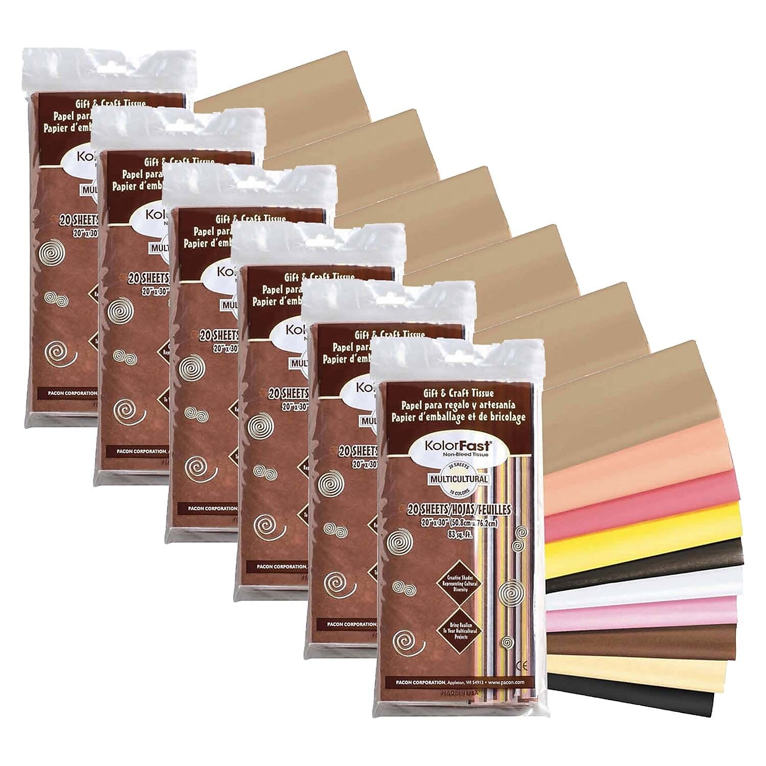 KolorFast Multi-Cultural Tissue Assortment, 10 Assorted Colors, 20" x 30", 20 Sheets Per Pack, 6 Packs (PAC58590-6)