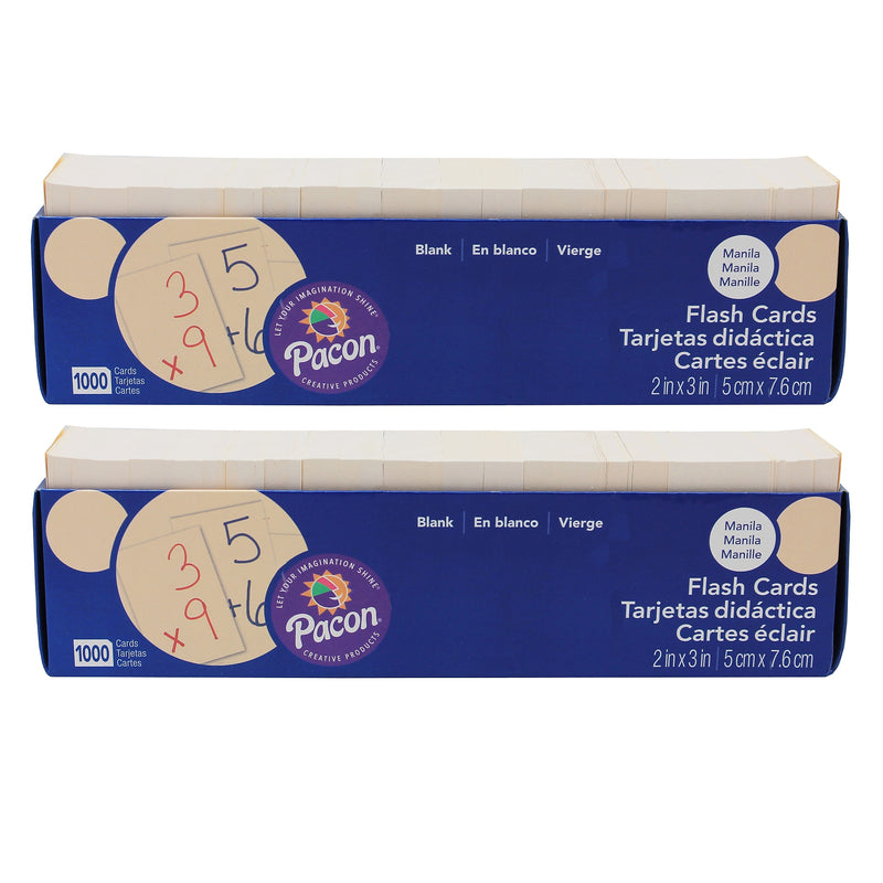 Pacon Blank Flash Card Dispenser Box, Manila, Unruled 3" x 2", 1000 Cards Per Pack, 2 Packs (PAC74000-2)