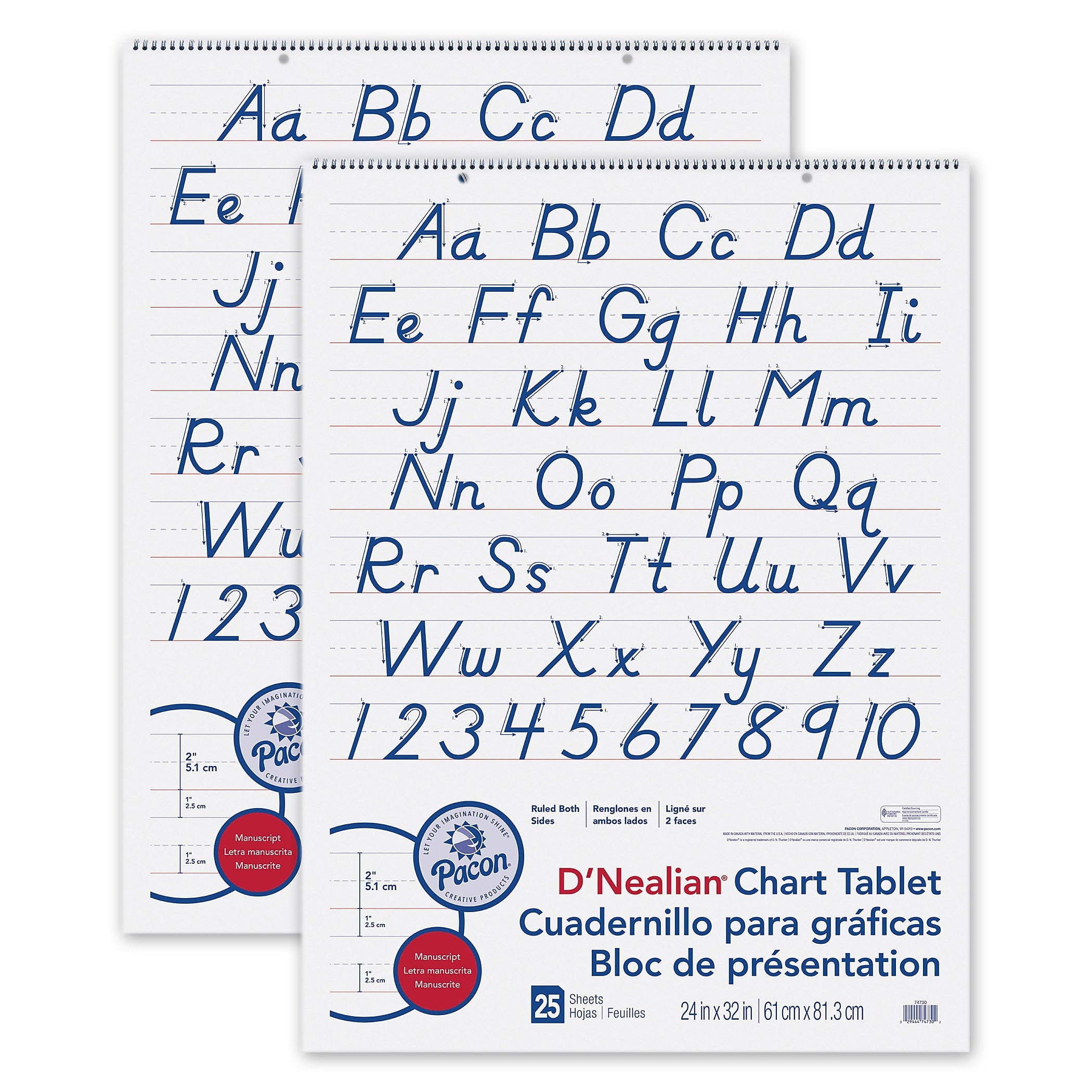 Pacon D'Nealian Chart Tablet, Manuscript Cover, 2" Ruled 24" x 32", 25 Sheets, Pack of 2 (PAC74730-2)