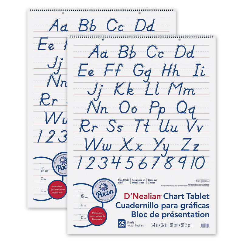 Pacon D'Nealian Chart Tablet, Manuscript Cover, 2" Ruled 24" x 32", 25 Sheets, Pack of 2 (PAC74730-2)