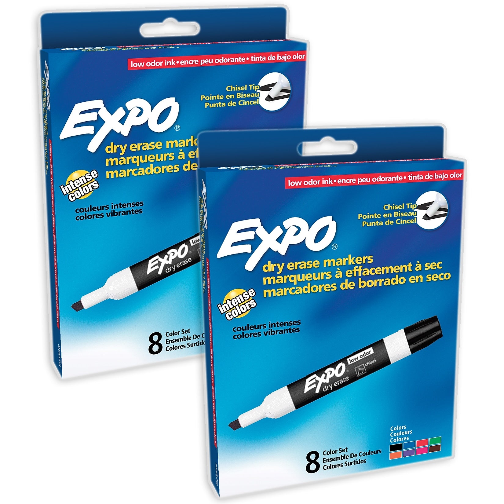 EXPO Low-Odor Dry Erase Markers, Chisel Tip, Assorted Colors, 8 Per Pack, 2 Packs (SAN80078-2)