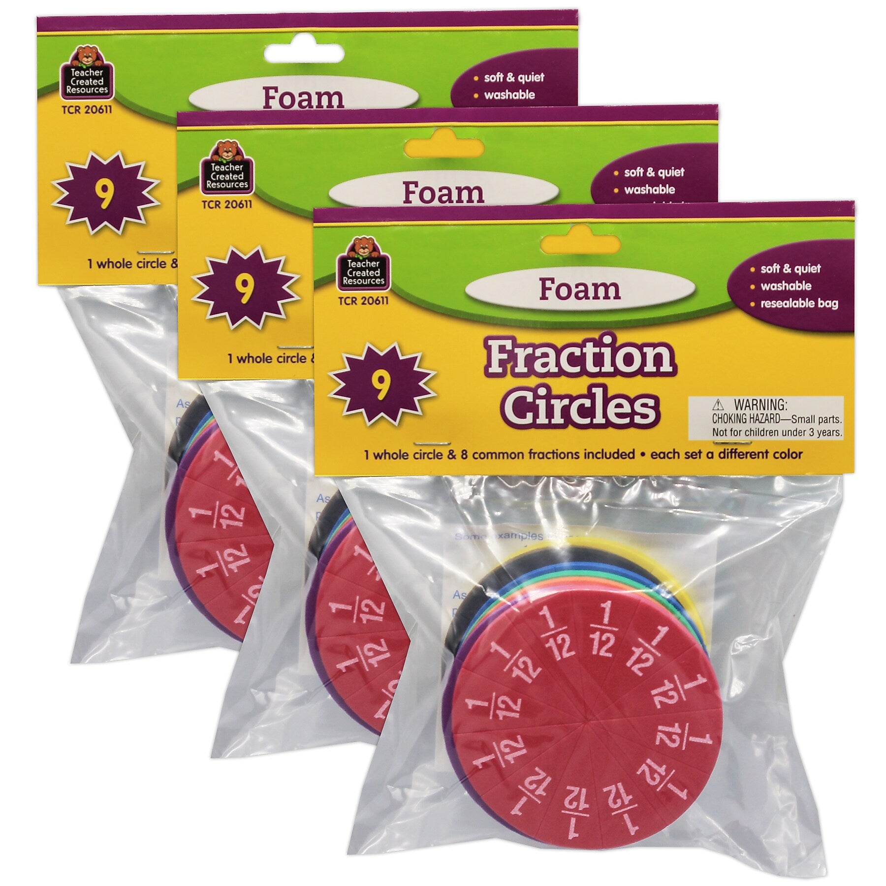 Teacher Created Resources Foam Fraction Circles, 51 Pieces Per Set, 3 Sets (TCR20611-3)