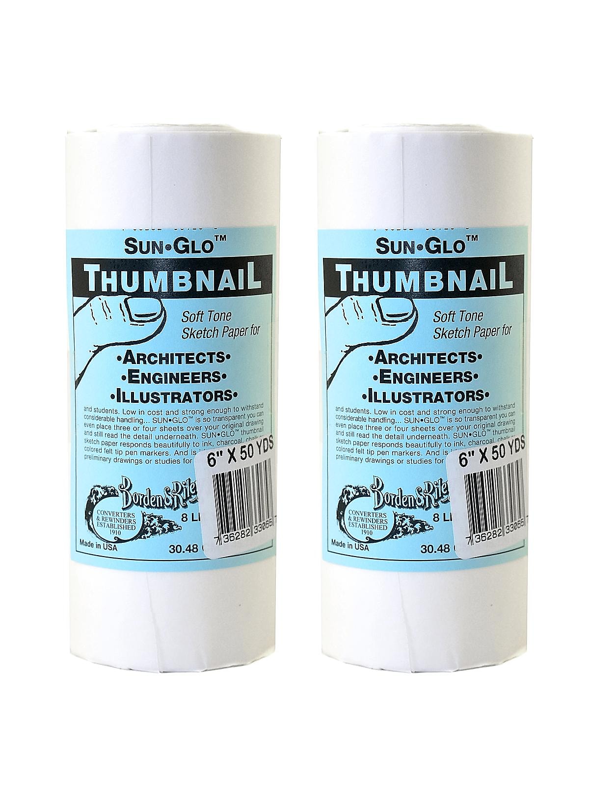 Borden and Riley Sun-Glo Thumbnail Paper Rolls, 6" x 50 Yds, White, 2/Pack (PK2-35WR065000)