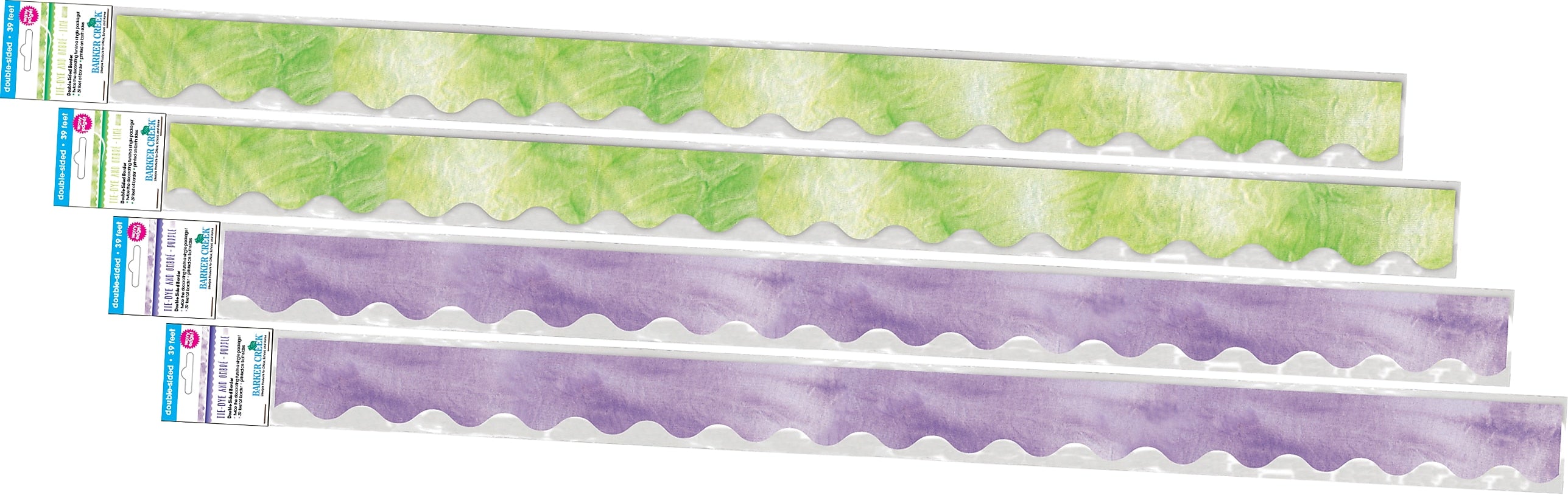 Barker Creek Double-Sided Scalloped Border Set, 36" x 2.25", Purple & Lime Tie-Dye and Ombré, 2 designs, 52/Set (4360)