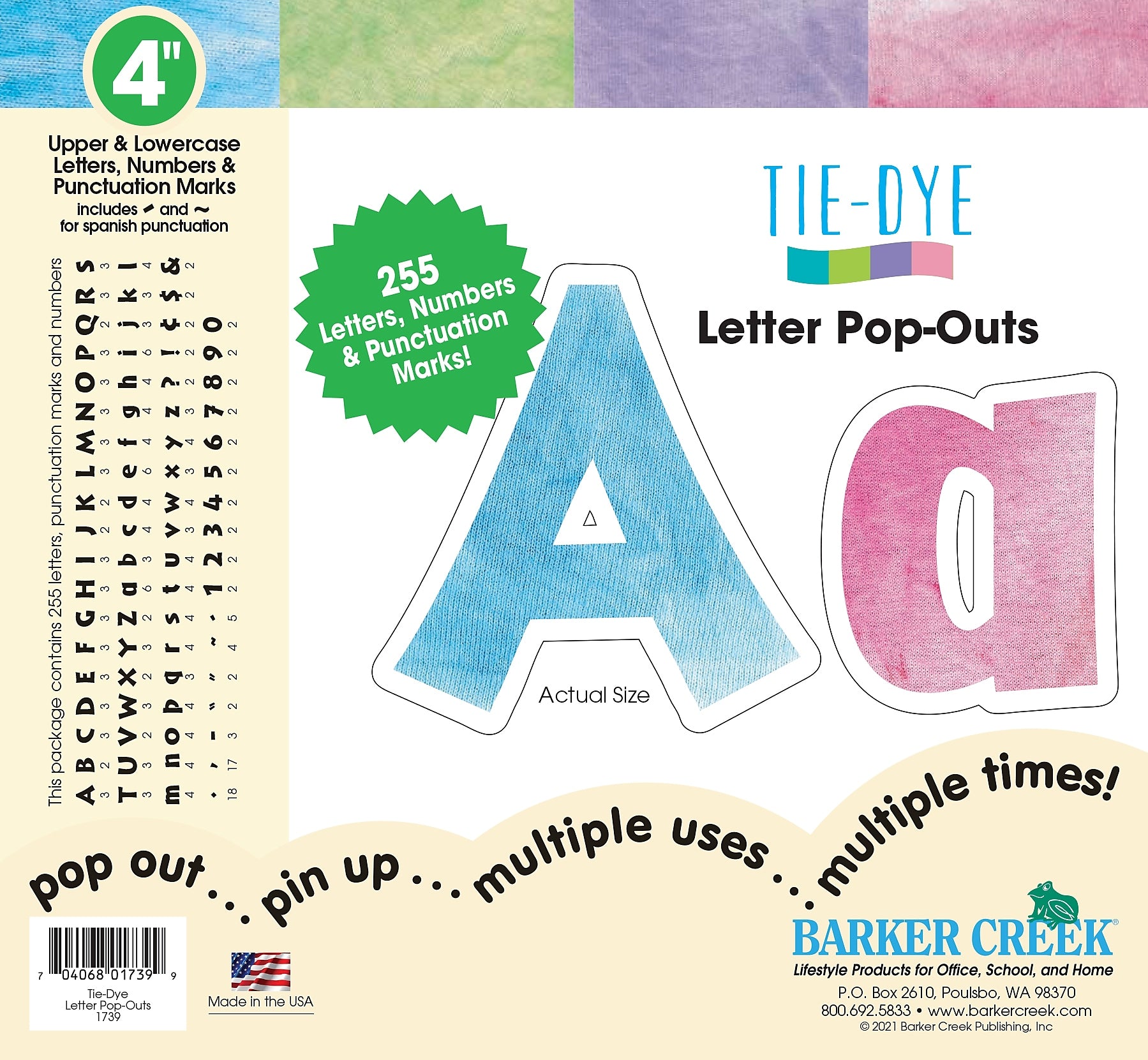 Barker Creek Tie 4" Dye & Ombré Letters and Numbers, Multicolored, 255/Pack (1739)