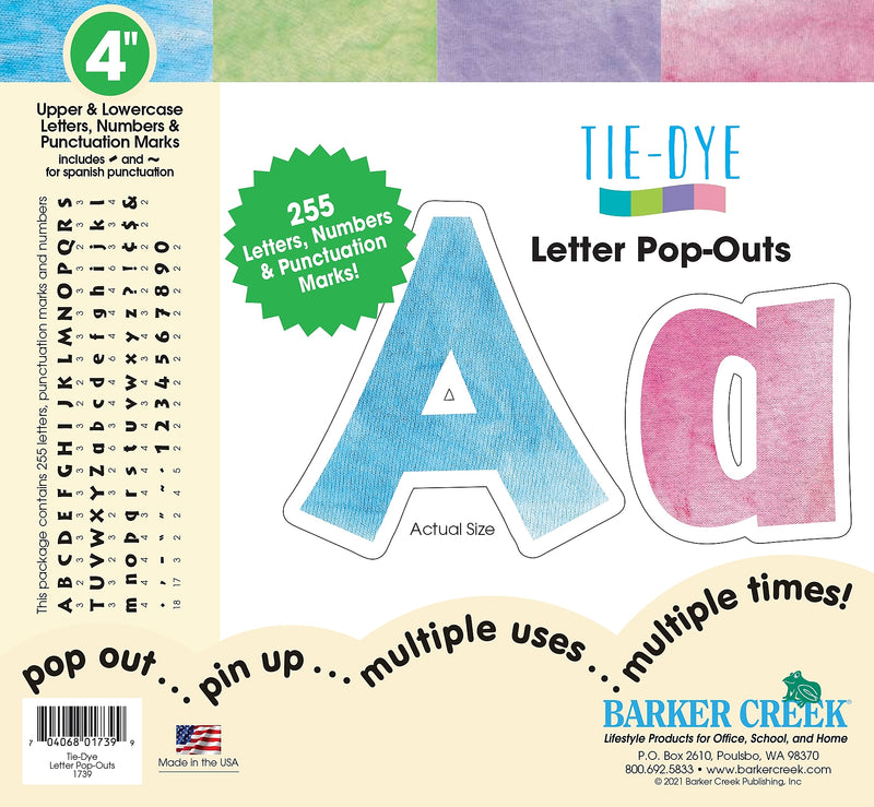 Barker Creek Tie 4" Dye & Ombré Letters and Numbers, Multicolored, 255/Pack (1739)