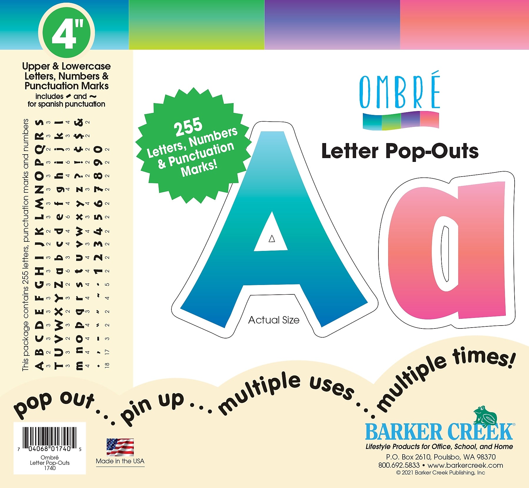 Barker Creek Tie 4" Dye & Ombré Letters and Numbers, Multicolored, 255/Pack (1740)