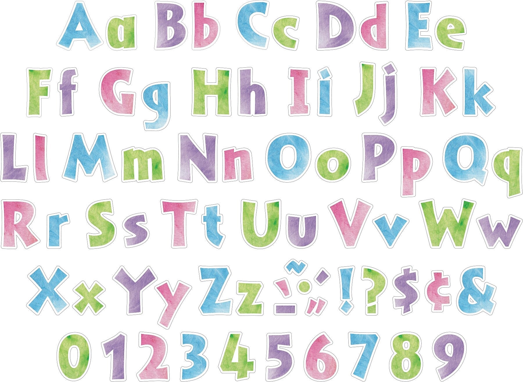 Barker Creek Tie 4" Dye & Ombré Letters and Numbers, Multicolored, 765/Pack (4350)