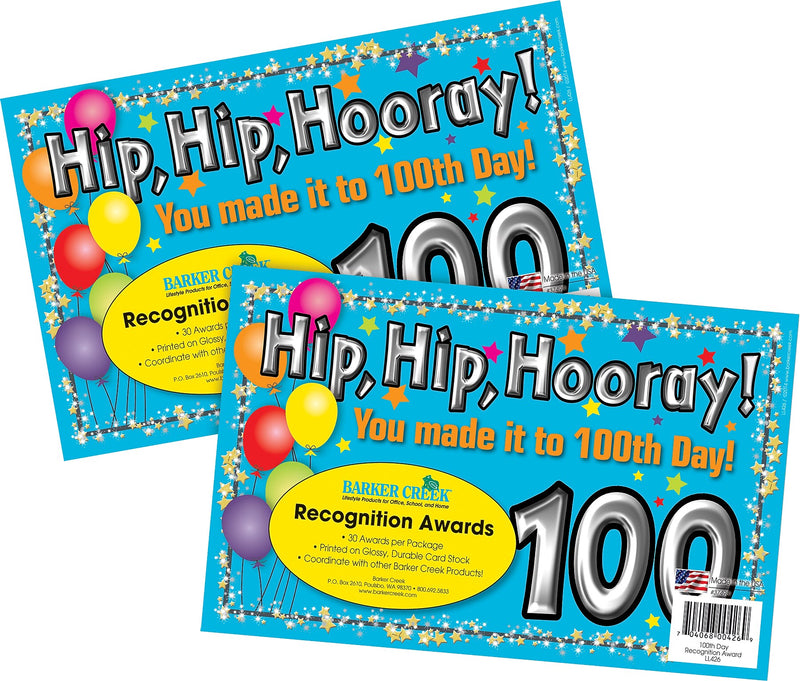 Barker Creek 100th Day Recognition Awards, 8.5" x 5.5”, Multicolored, 60/Set (4145)