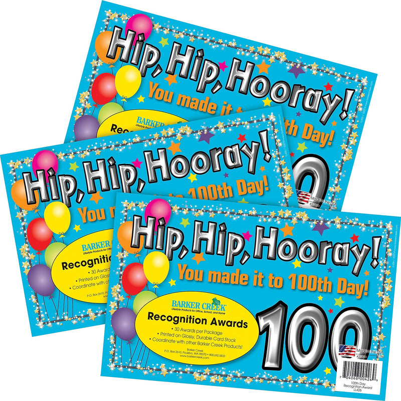 Barker Creek 100th Day Recognition Awards, 8.5" x 5.5”, Multicolored, 90/Set (4162)