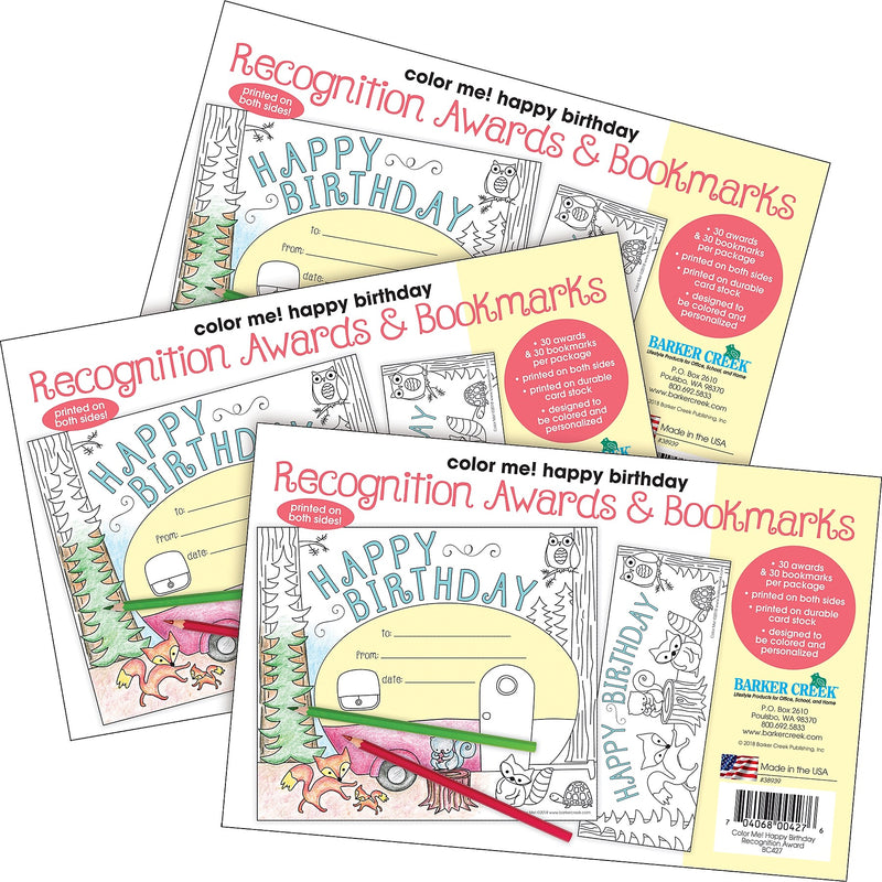 Barker Creek Color Me! Happy Birthday Awards & Bookmarks Set, 8.5" x 5.5”, Multicolored, 90/Set (4163)