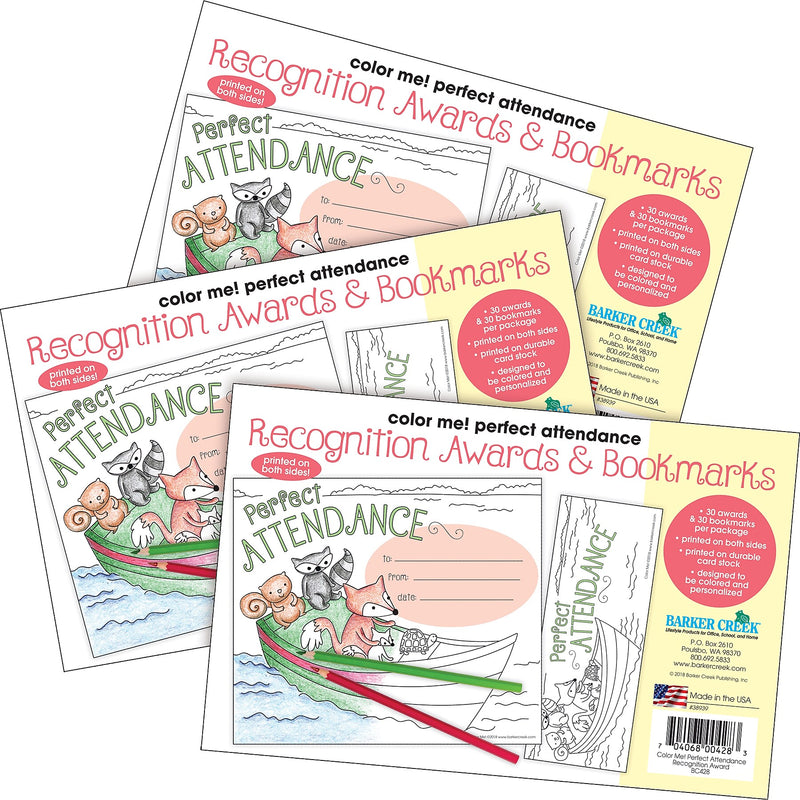Barker Creek Color Me! Attendance Awards & Bookmarks Set, 8.5" x 5.5”, Multicolored, 90/Set (4164)