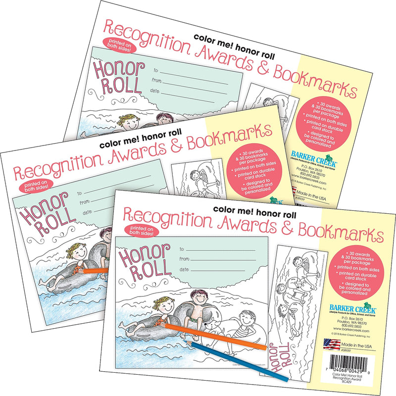 Barker Creek Color Me! Honor Roll Awards & Bookmarks Set, 8.5" x 5.5”, Multicolored, 90/Set (4165)