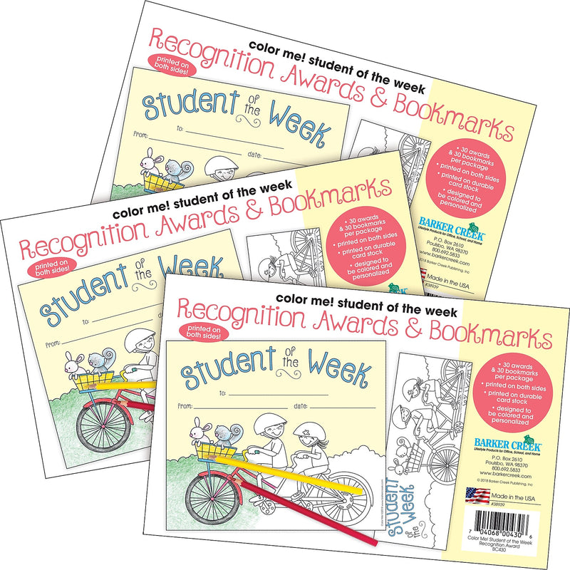 Barker Creek Color Me! Student of the Week Awards & Bookmarks Set, 8.5" x 5.5”, Multicolored, 90/Set (4166)