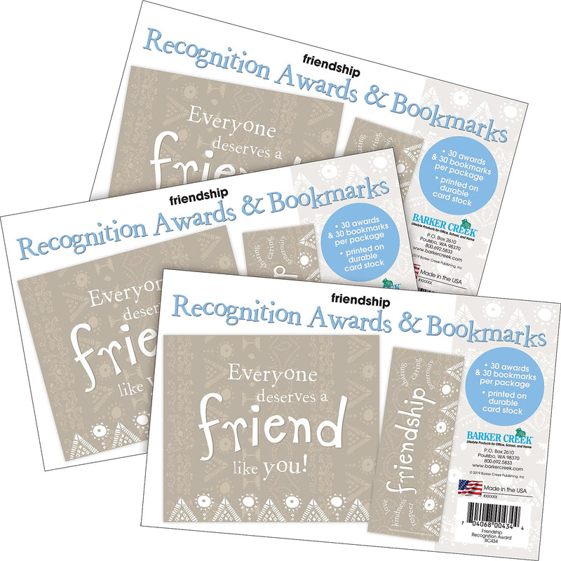 Barker Creek Friendship Awards & Bookmarks Set, 8.5" x 5.5”, Multicolored, 90/Set (4170)