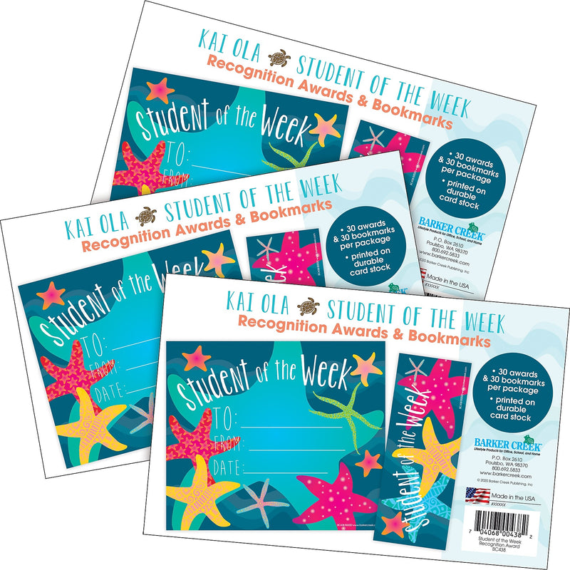 Barker Creek Kai Ola Student of the Week Awards & Bookmarks Set, 8.5" x 5.5”, Multicolored, 90/Set (4174)