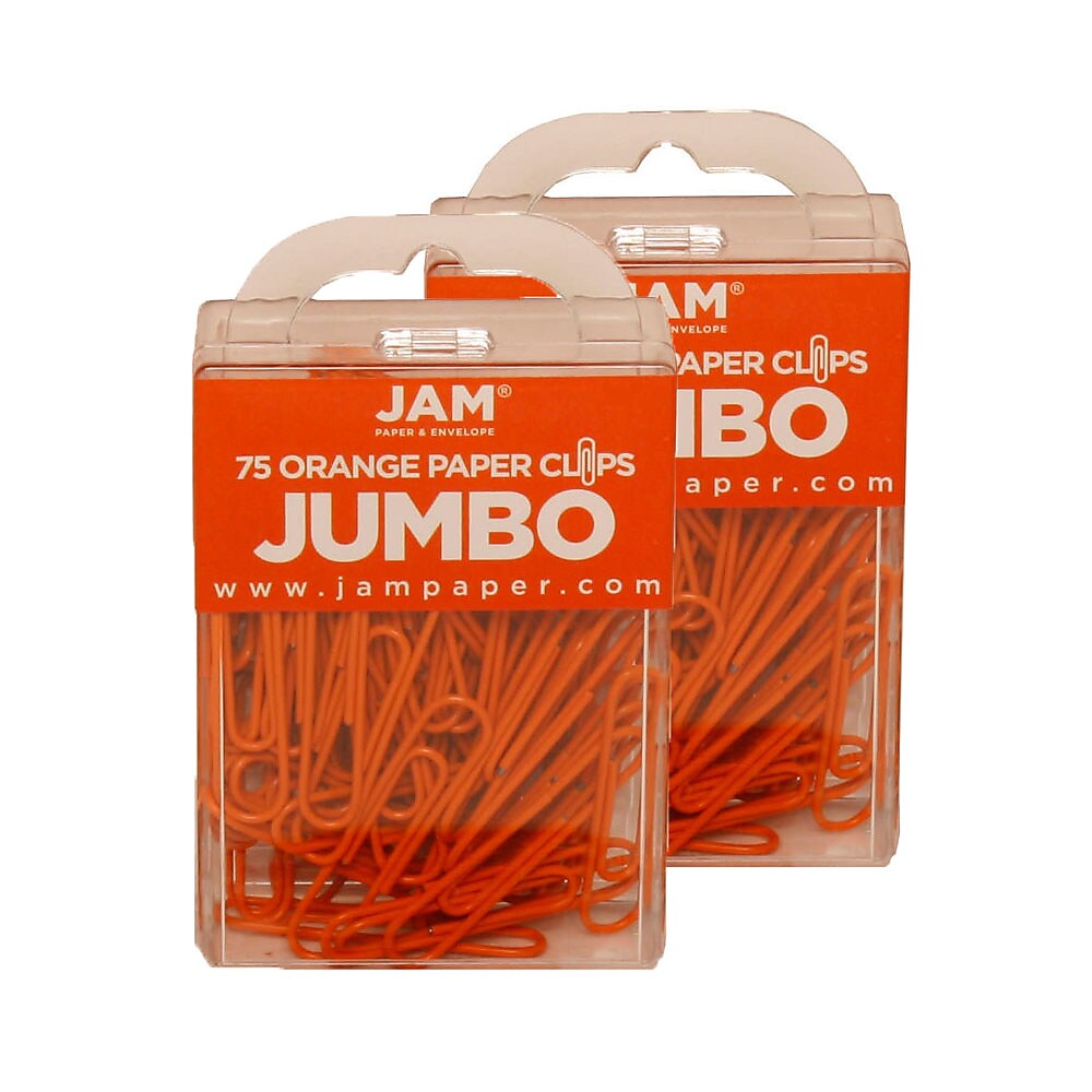 JAM Paper Jumbo Paper Clips, 2" Capacity, Orange, 75 Clips/Pack, 2/Pack (42186871a)