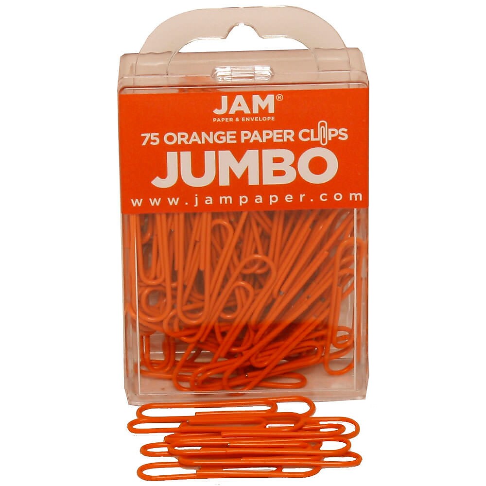 JAM Paper Jumbo Paper Clips, 2" Capacity, Orange, 75 Clips/Pack, 2/Pack (42186871a)