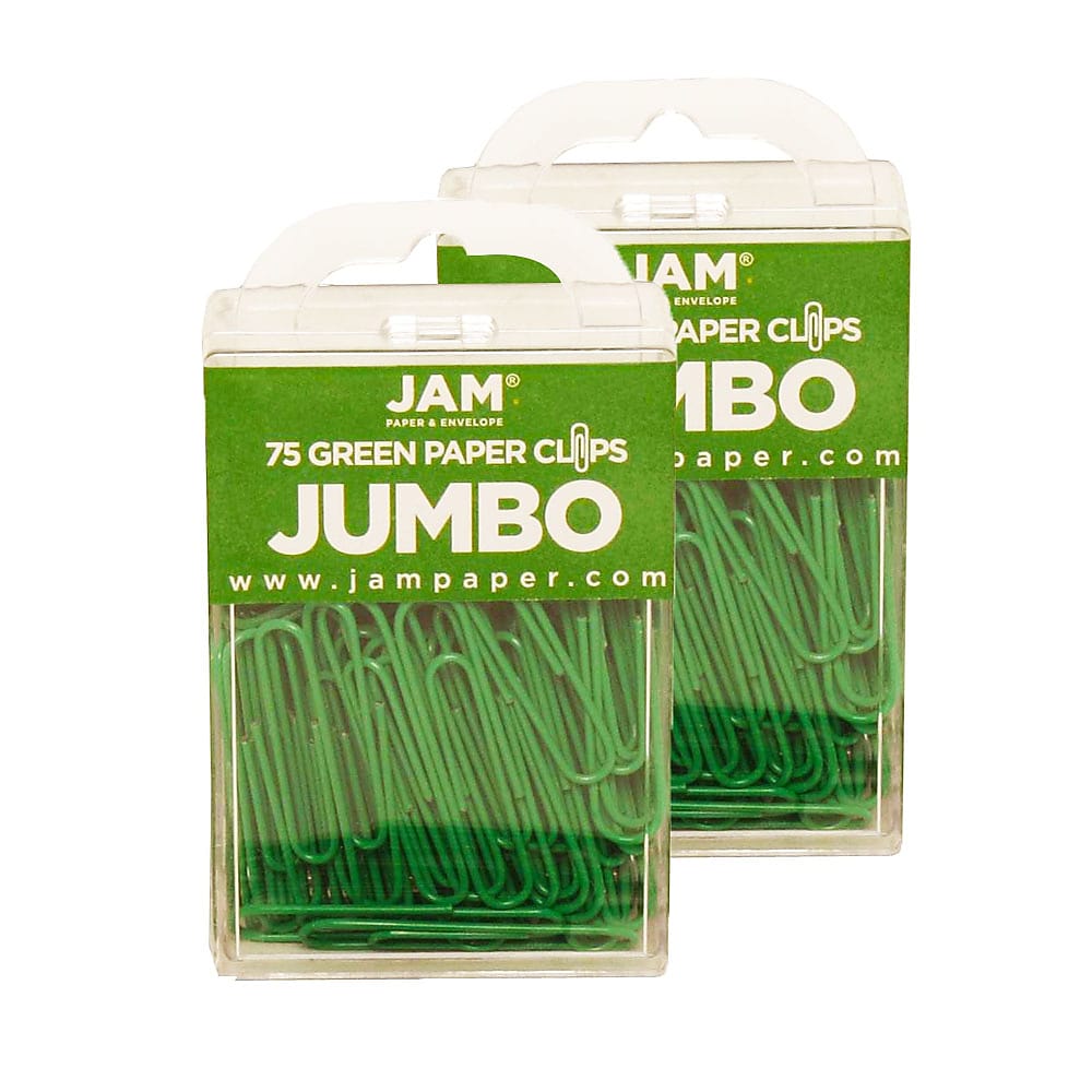 JAM Paper Jumbo Paper Clips, 2" Capacity, Green, 75 Clips/Pack, 2/Pack (42186878a)