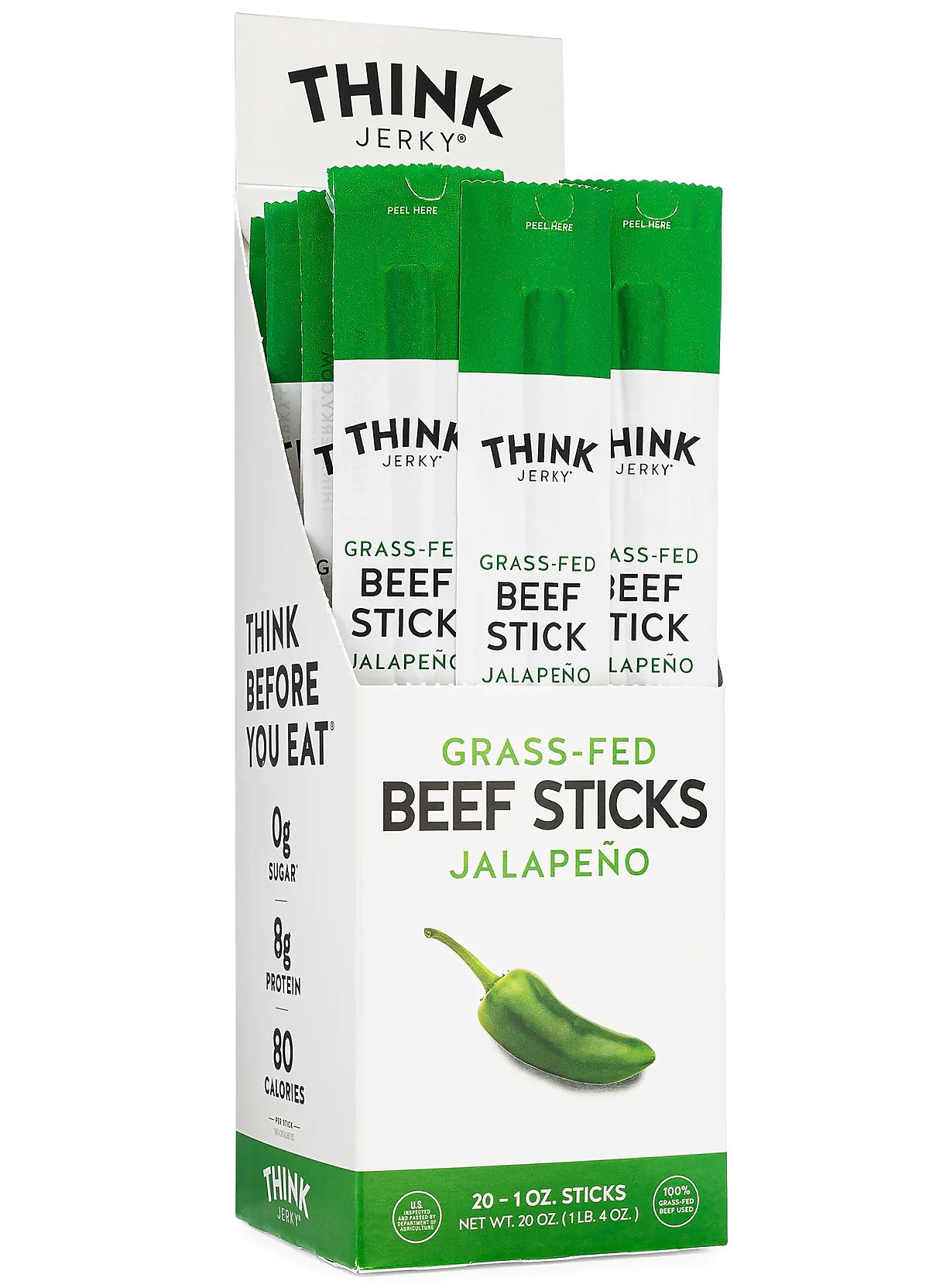 Think Jerky Jalapeno 100% Grass-Fed Beef Sticks, 1 oz, 20/Box (337-00003)