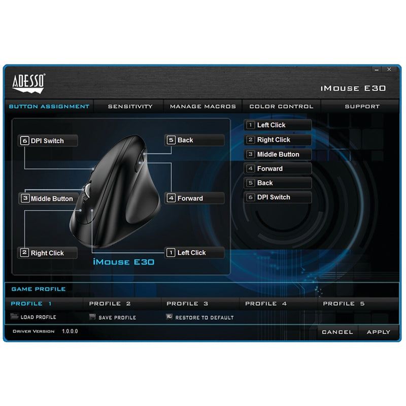 Adesso iMouse E30 Wireless Ergonomic Vertical Optical USB Mouse, Black