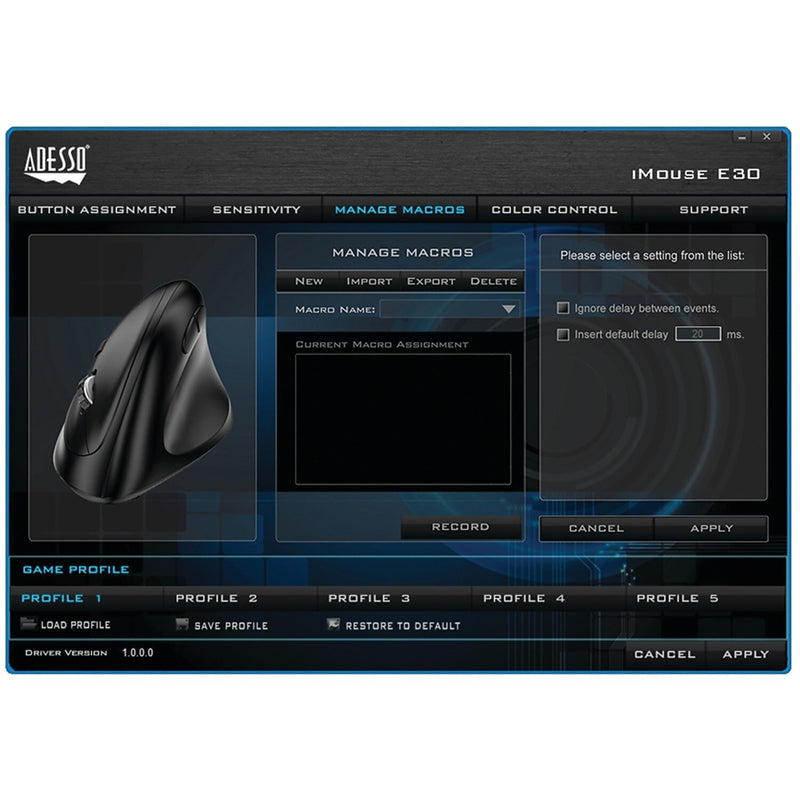 Adesso iMouse E30 Wireless Ergonomic Vertical Optical USB Mouse, Black