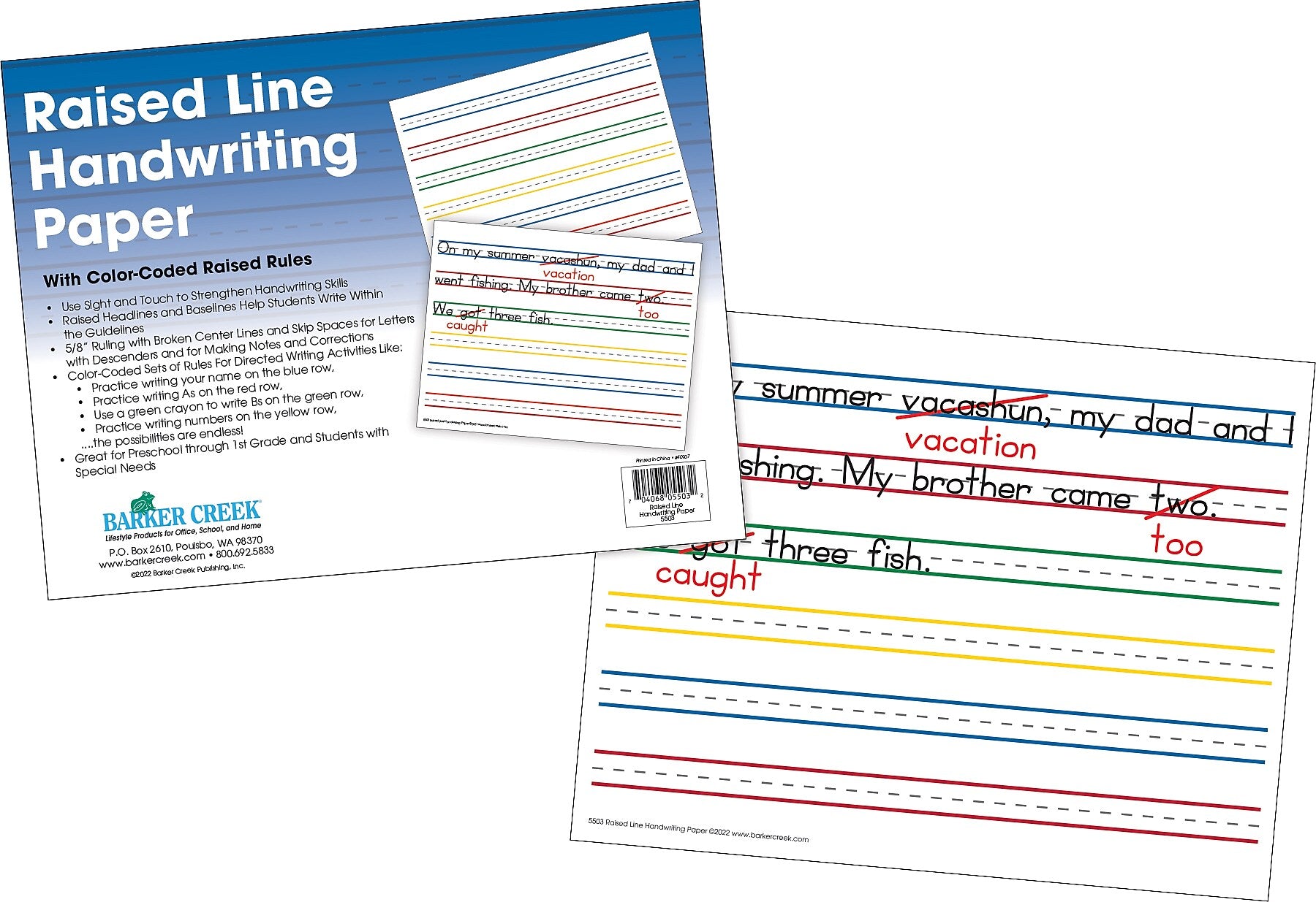 Barker Creek Raised Rule Handwriting Practice Paper, 8.5" x 11", 60 lbs., Multicolored, 50 Sheets/Pack (5503)