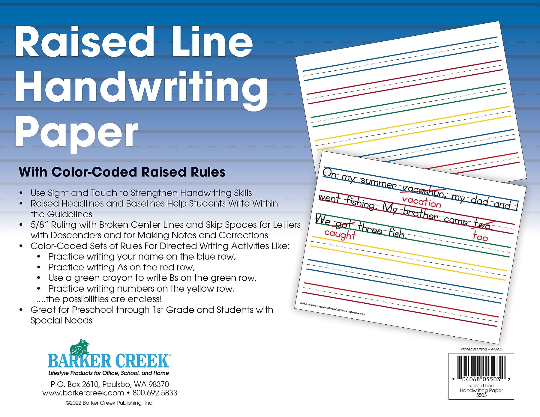 Barker Creek Raised Rule Handwriting Practice Paper, 8.5" x 11", 60 lbs., Multicolored, 50 Sheets/Pack (5503)