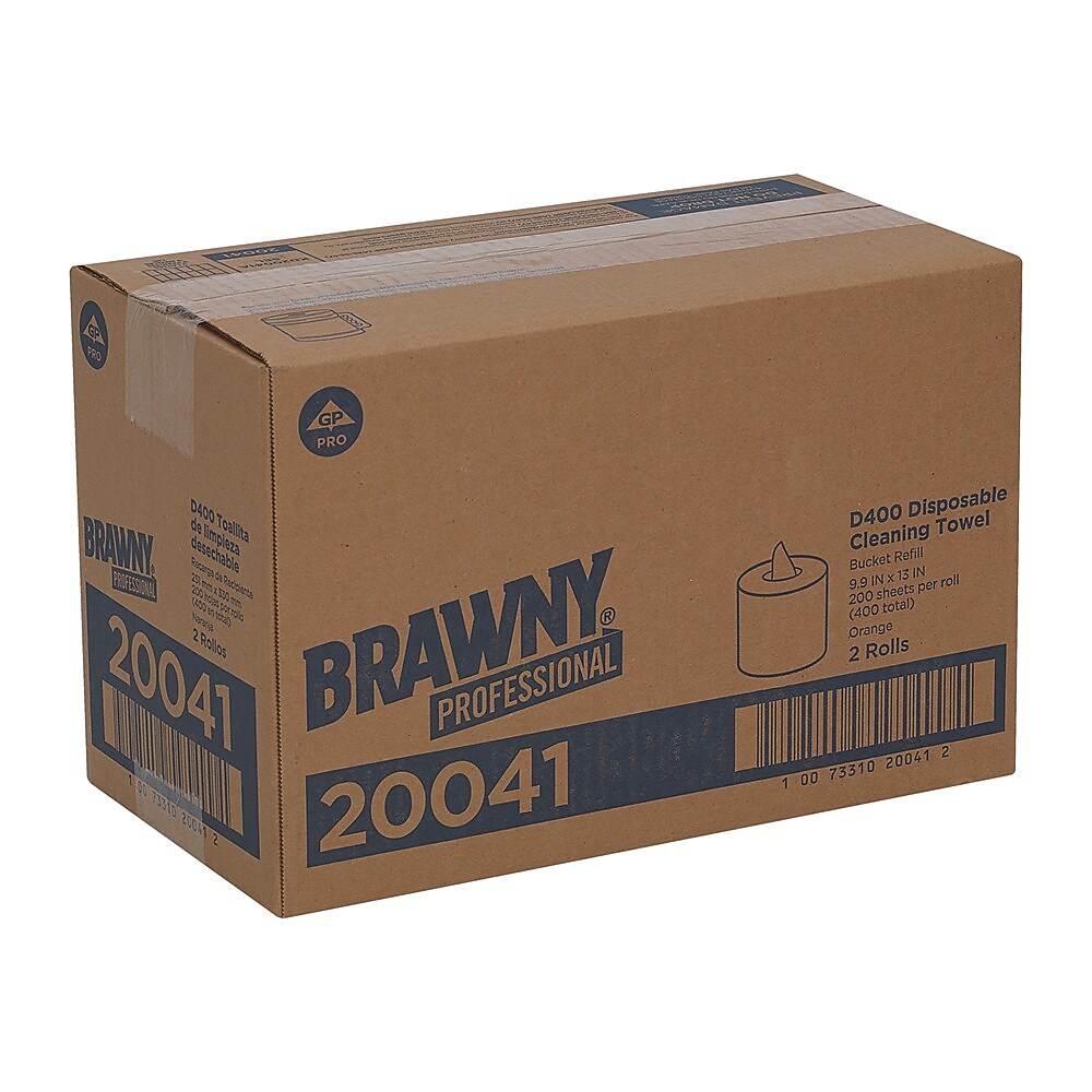 Brawny Professional D400 Durable Fibers Cleaning Wipers, 13" x 9.9", Orange, 200 Sheets/Roll, 2/Carton (20041)