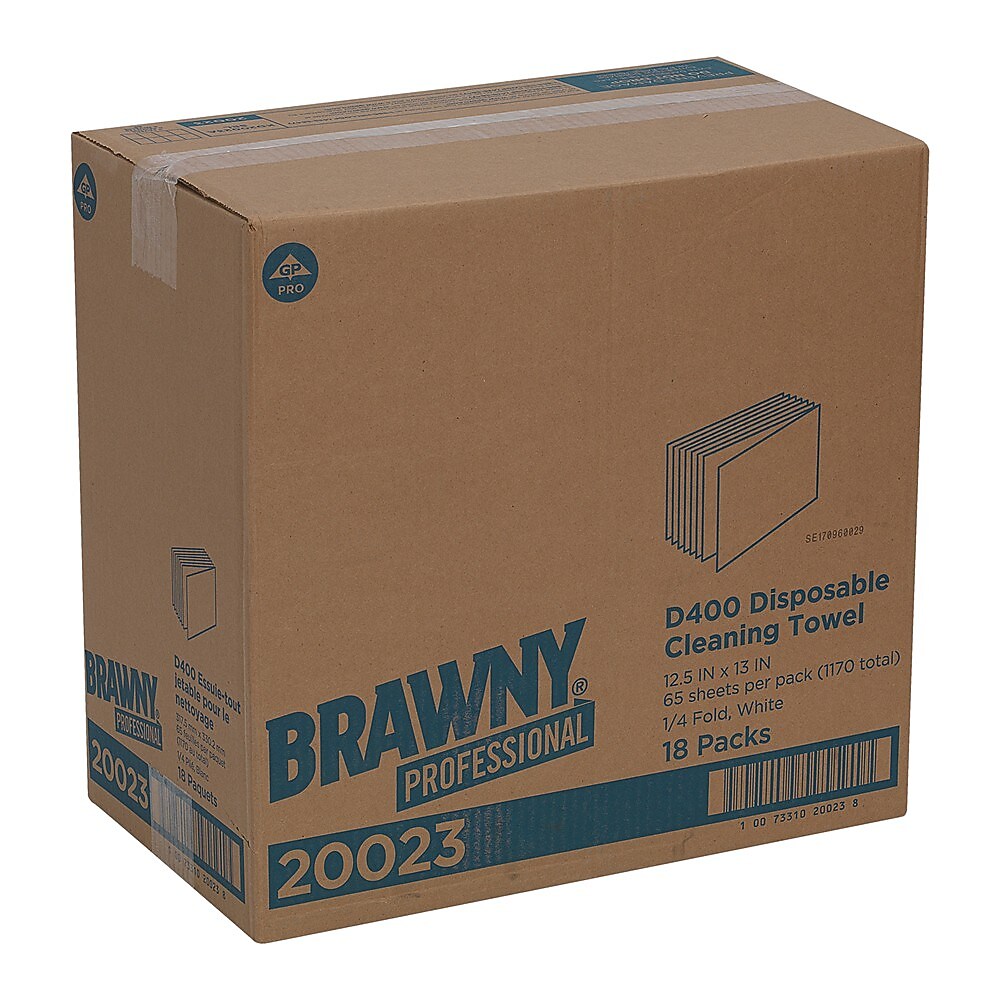 Brawny Professional D400 Durable Fibers Cleaning Wipers, 12.5" x 13", White, 18/Carton (20023)