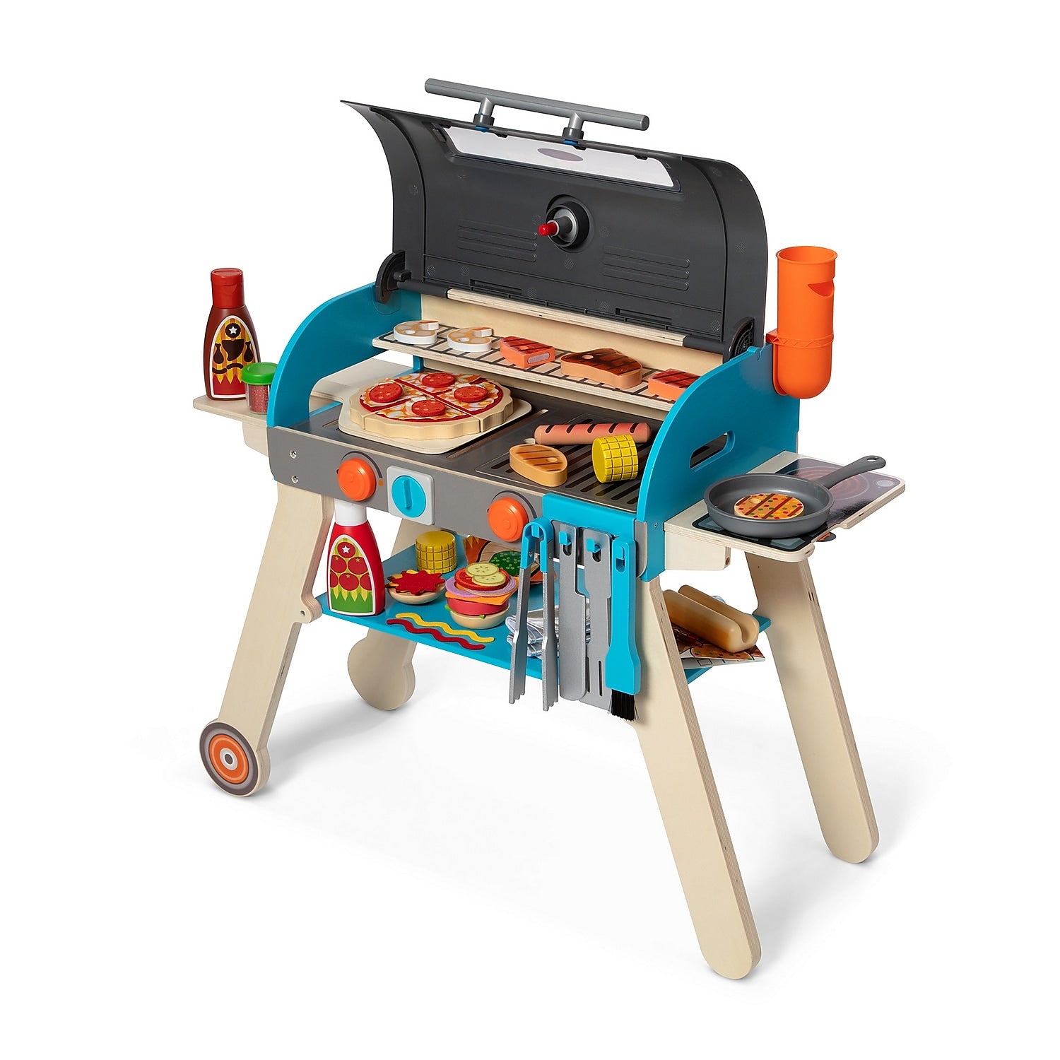 Melissa & Doug Wooden Deluxe Barbecue Grill, Smoker and Pizza Oven Play Food Toy (30608)