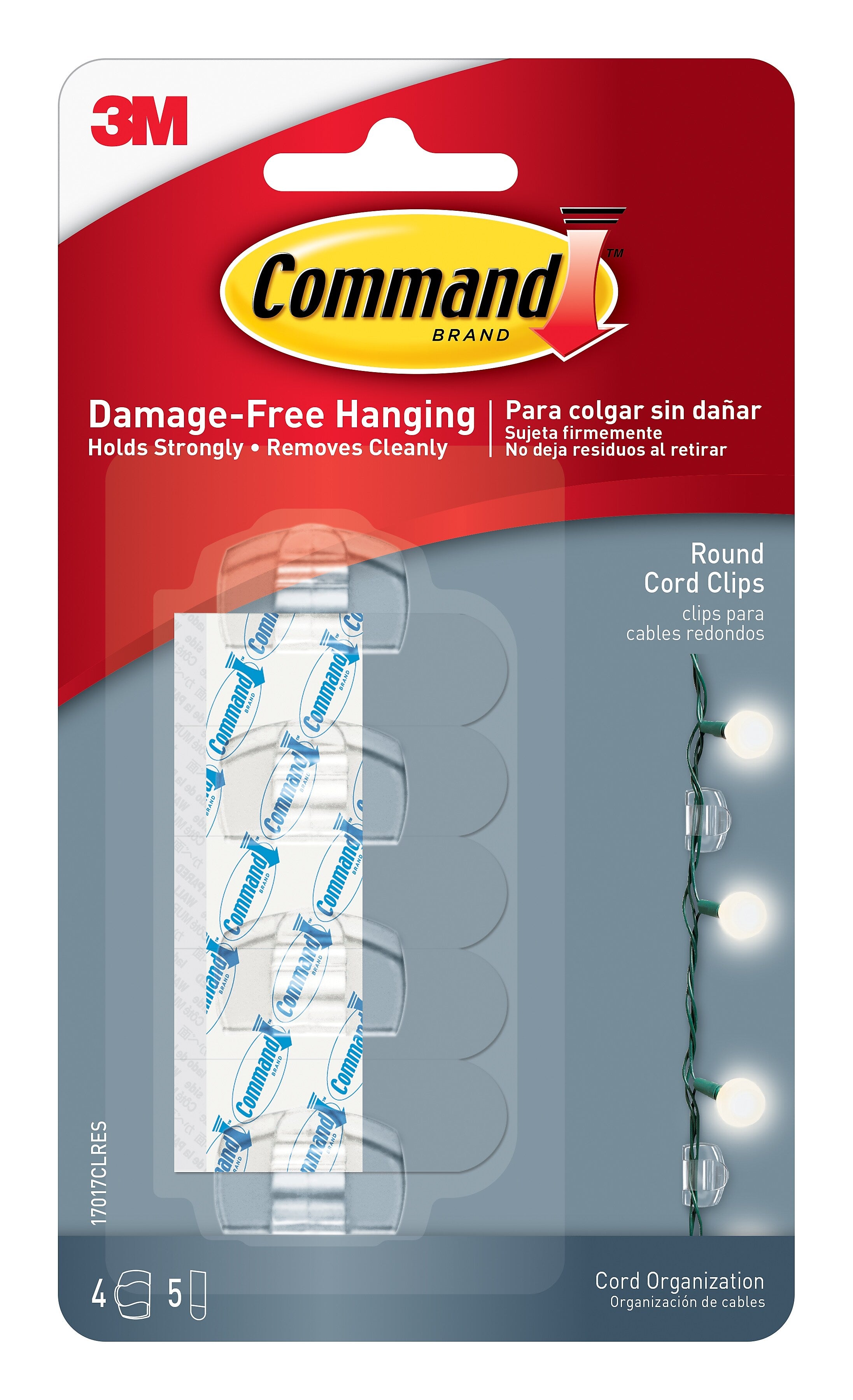 Command Round Cord & Light Clips, Clear, 4/Pack (17017CLR)