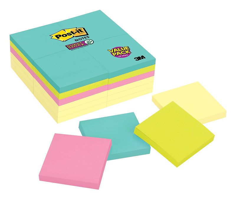 Post-it Super Sticky Notes, 3" x 3", Miami Collection, 90 Sheet/Pad, 24 Pads/Pack (MMM65424SSCYM)