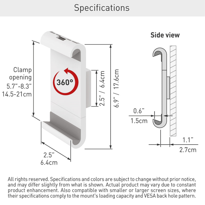 Barkan 360° Rotation Adjustable 7-12" Tablet Wall Mount, White (T50)