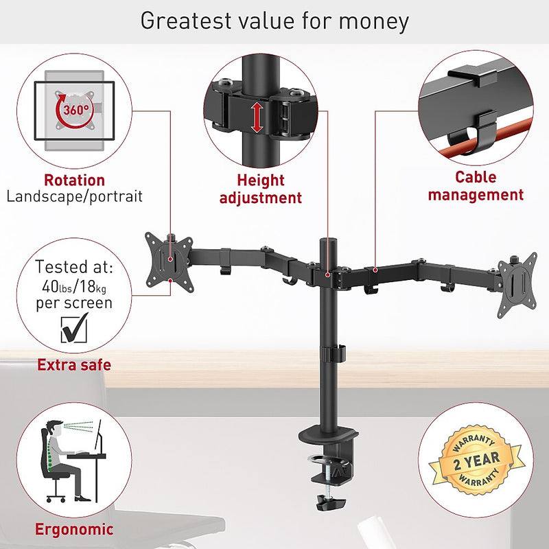 Barkan Adjustable Dual Arms, Up to 32" Monitor, Black (M142T)