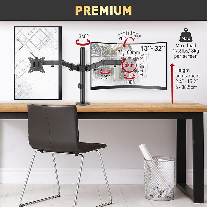 Barkan Adjustable Dual Arms, Up to 32" Monitor, Black (M142T)
