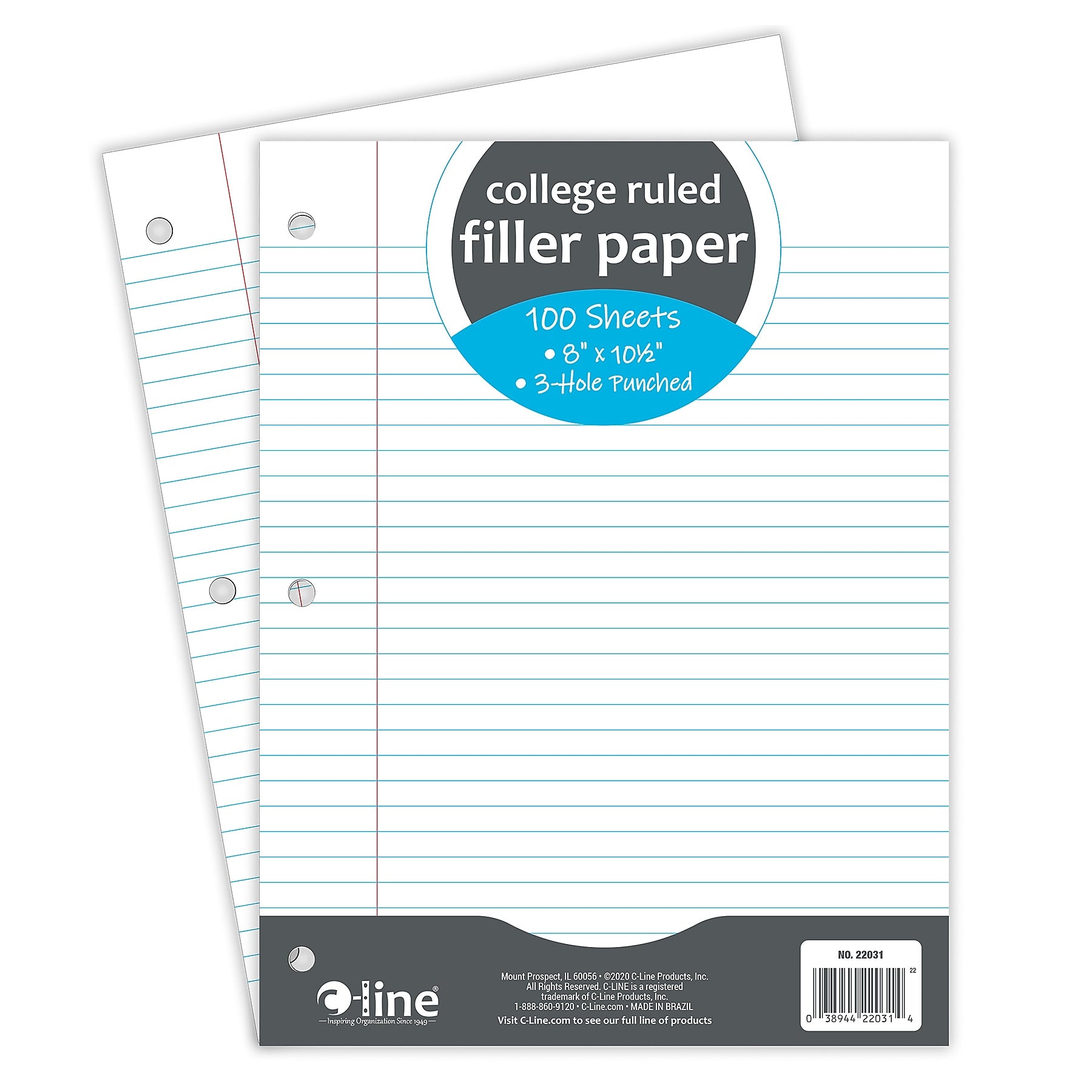 C-Line College Ruled Filler Paper, 8" x 10.5", 3-Hole Punched, 100 Sheets/Pack, 12/Bundle (CLI22031-12)