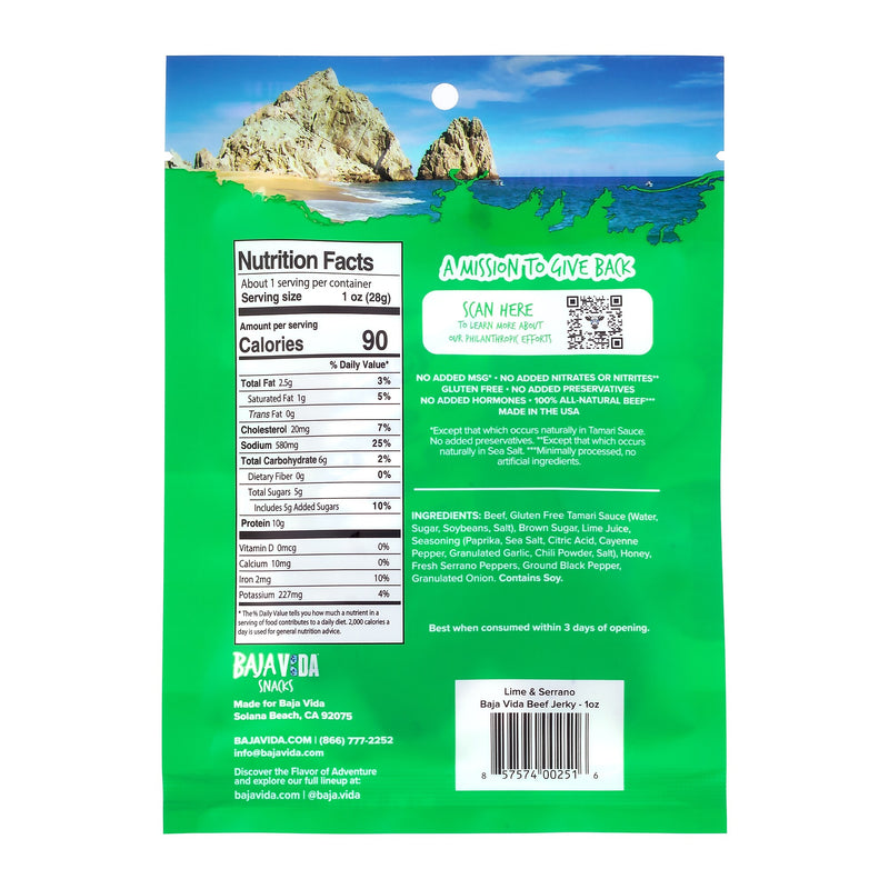 Baja Vida Lime and Serrano Pepper Beef Jerky Snack Pack, 1.0 oz., 12/Pack (220-02307)