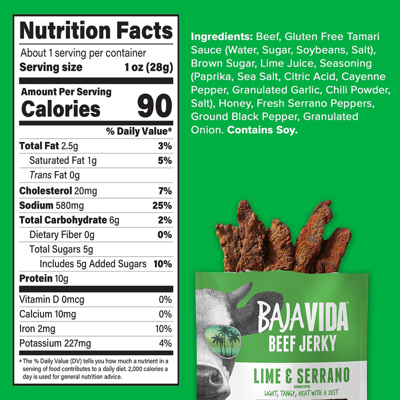 Baja Vida Lime and Serrano Pepper Beef Jerky Snack Pack, 1.0 oz., 12/Pack (220-02307)