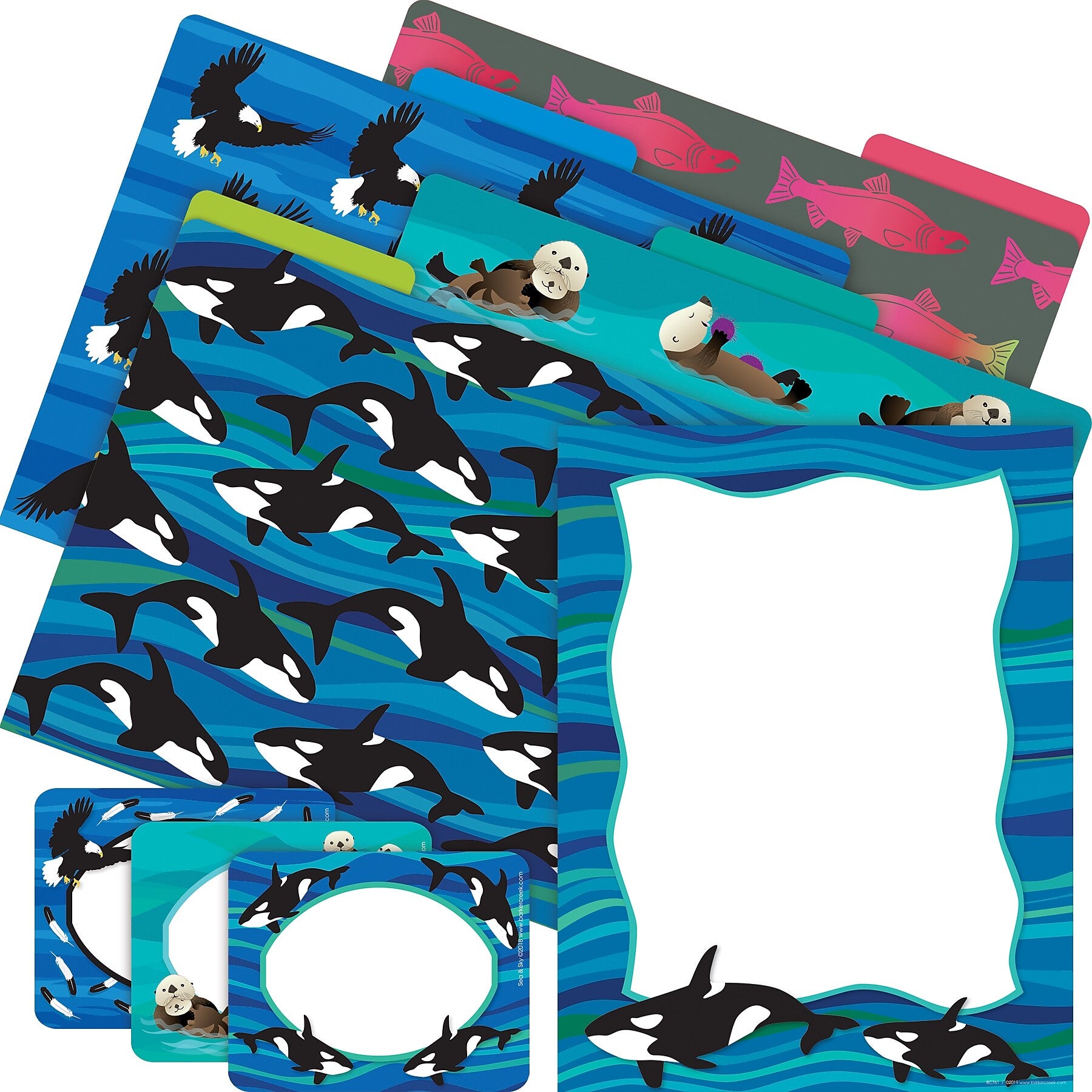 Barker Creek Sea & Sky Whales File Folders, Computer Paper, & Nametags, 1/3-Cut Tab, Letter Size, Assorted Colors, 107/Set (145)