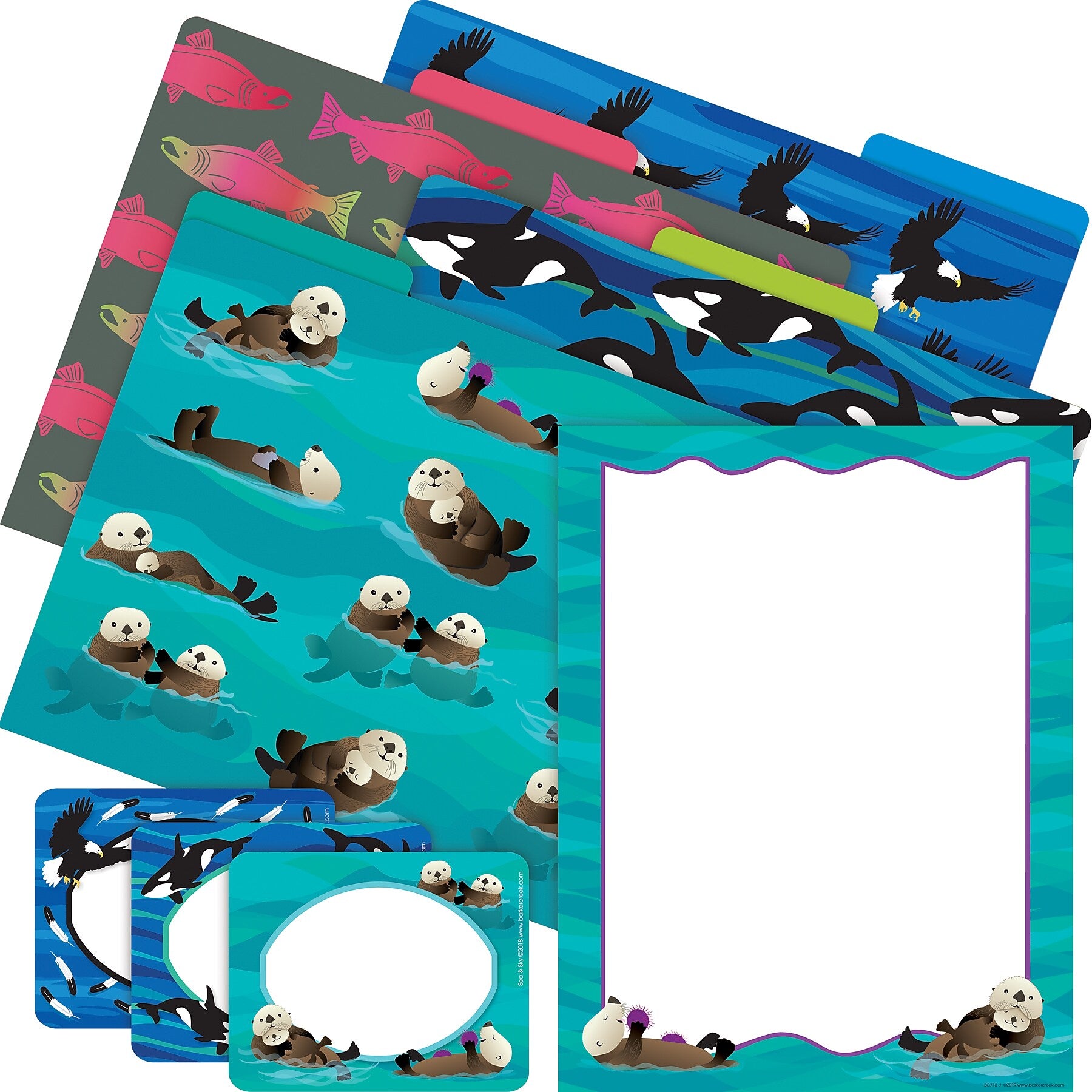 Barker Creek Sea & Sky Otters File Folders, Computer Paper, & Nametags, 1/3-Cut Tab, Letter Size, Assorted Colors, 107/Set (146)
