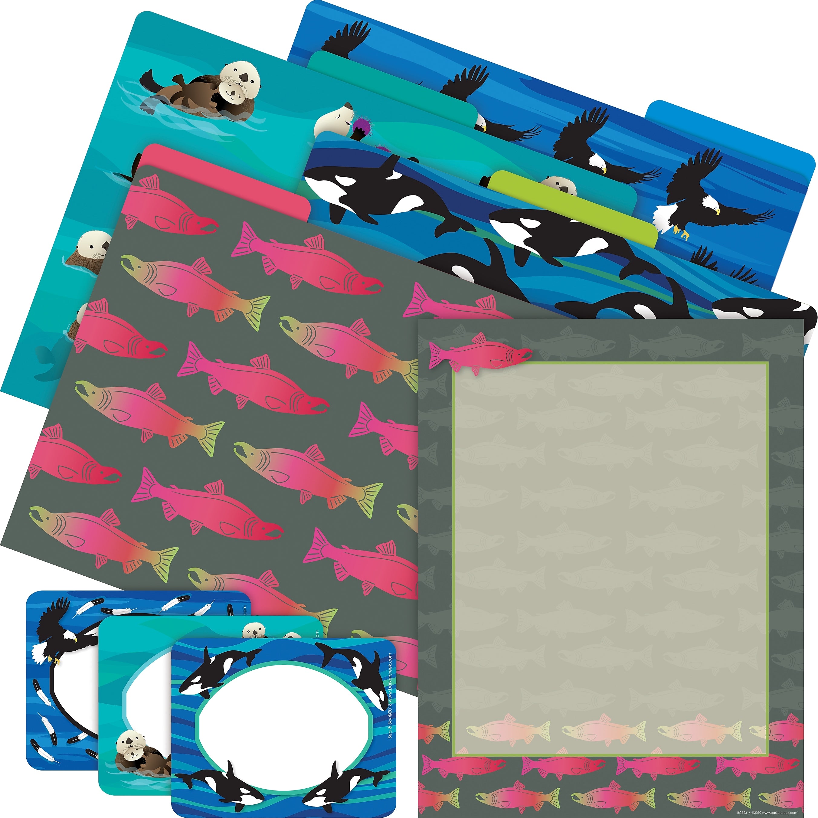 Barker Creek Sea & Sky Salmon File Folders, Computer Paper, & Nametags, 1/3-Cut Tab, Letter Size, Assorted Colors, 107/Set (147)
