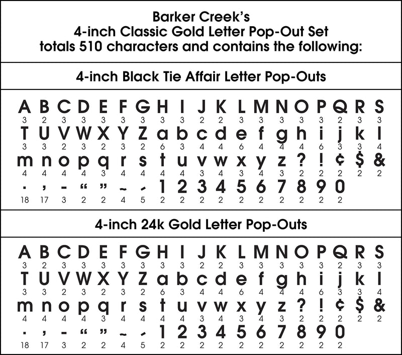 Barker Creek Gold & Black Tie Affair  4" Letters and Numbers, Multicolored, 510/Pack (4426)