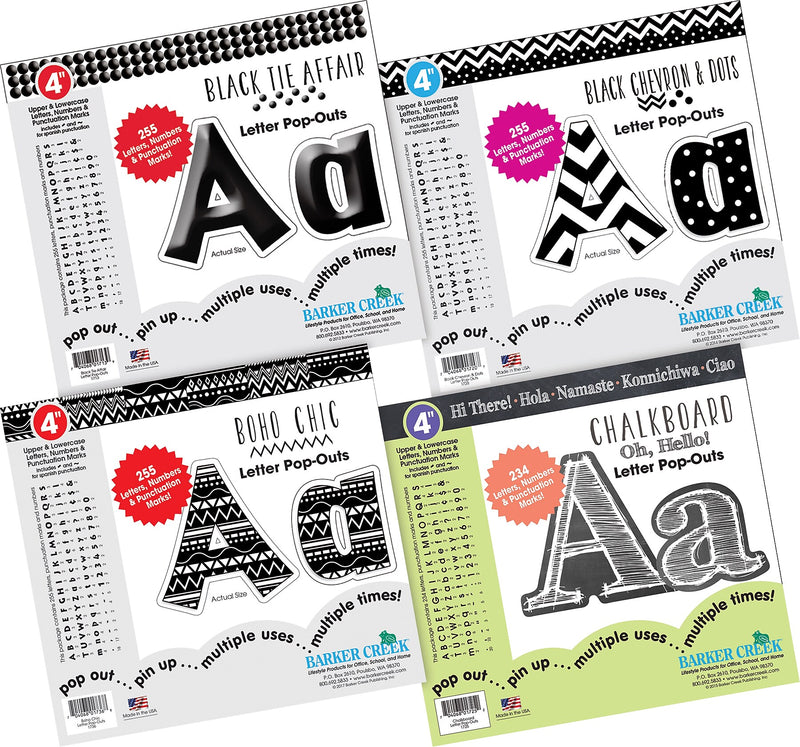Barker Creek Chalkboard, Boho Chic, Black Chevron & Dots, Black Tie Affair  4" Letters and Numbers, 999/Pack (4428)