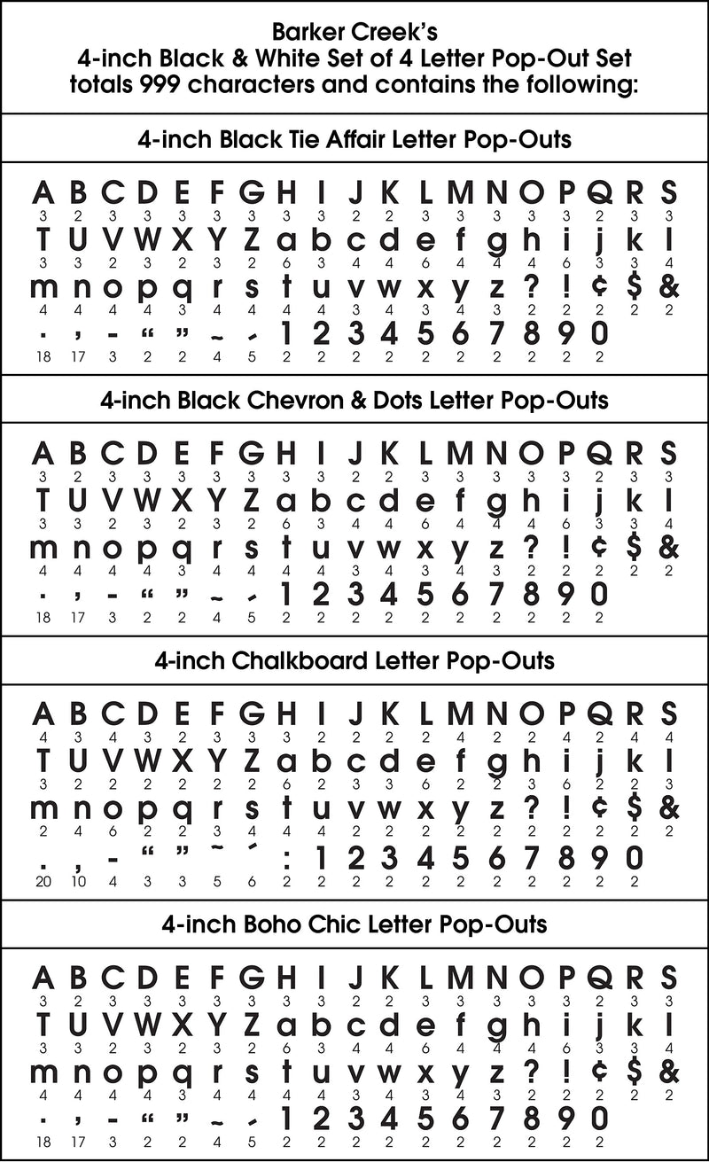 Barker Creek Chalkboard, Boho Chic, Black Chevron & Dots, Black Tie Affair  4" Letters and Numbers, 999/Pack (4428)