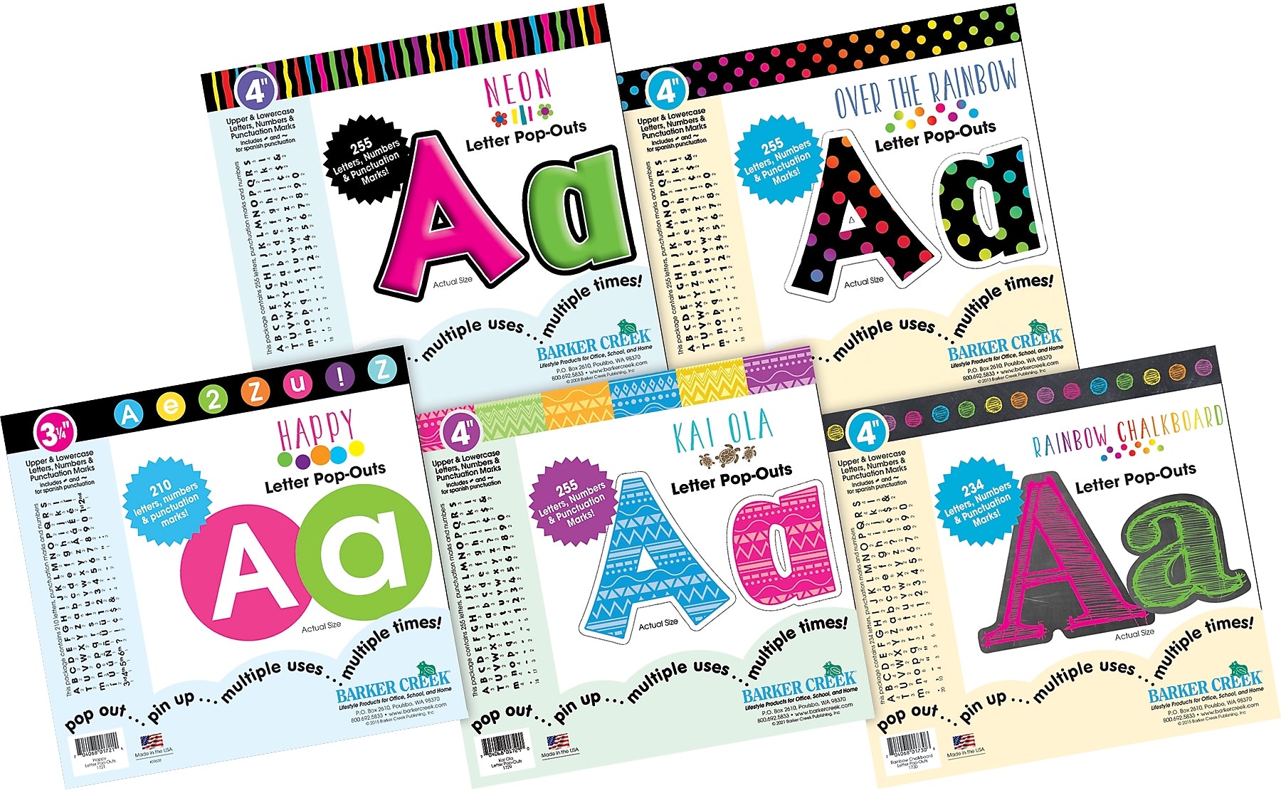 Barker Creek Rainbow Chalk, Happy, Over the Rainbow, Kai Ola, Neon  4" Letters and Numbers, Multicolored, 1209/Pack (4429)