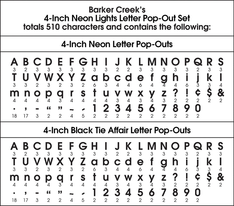 Barker Creek Neon & Black Tie Affair  4" Letters and Numbers, Multicolored, 510/Pack (4431)